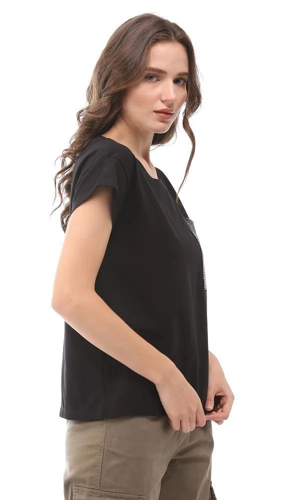 94764 Plain Black T-Shirt With Side Sequins Pockets