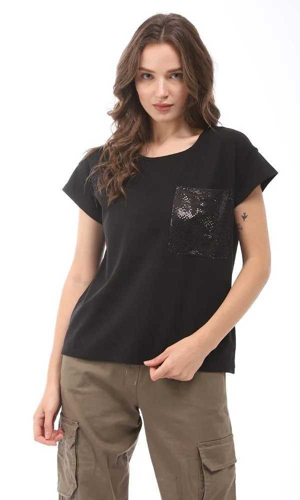 94764 Plain Black T-Shirt With Side Sequins Pockets
