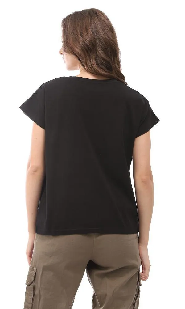 94764 Plain Black T-Shirt With Side Sequins Pockets
