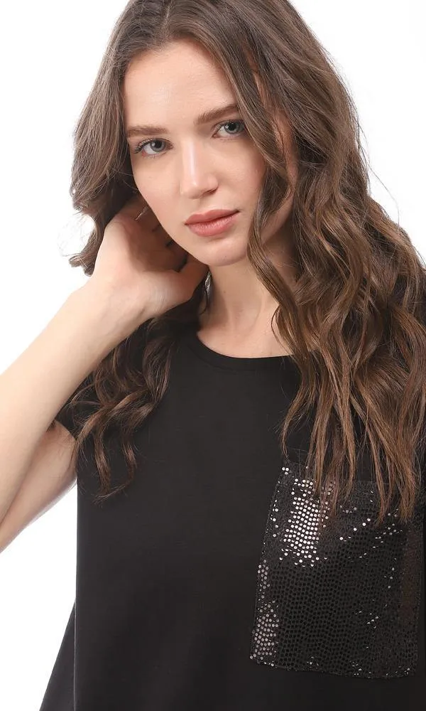 94764 Plain Black T-Shirt With Side Sequins Pockets