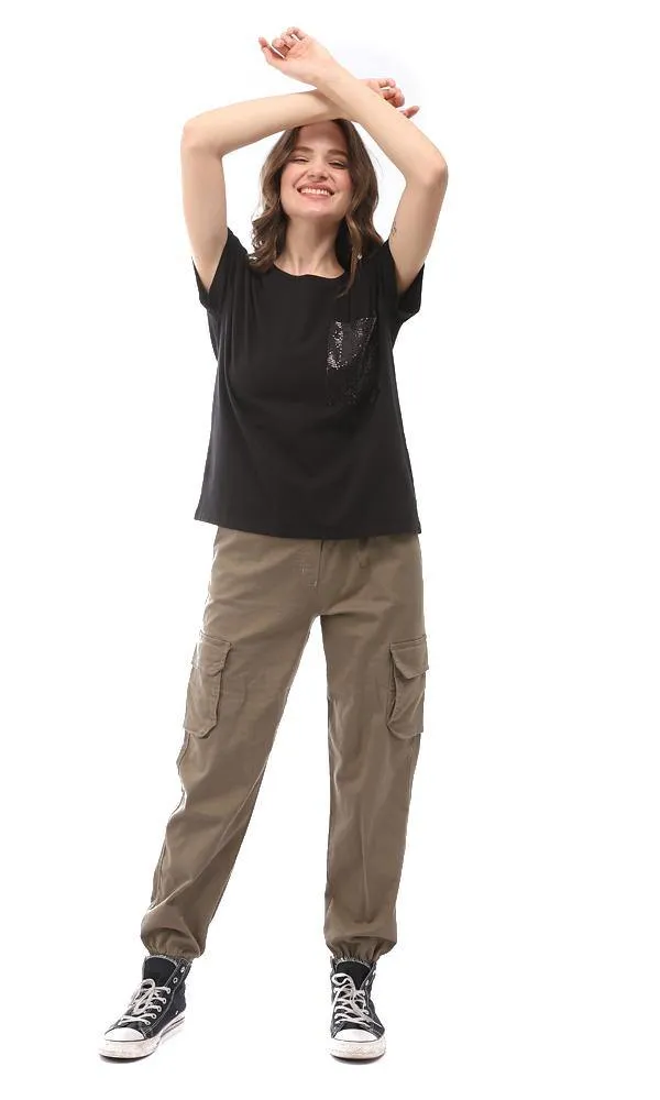94764 Plain Black T-Shirt With Side Sequins Pockets