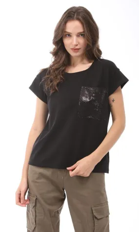 94764 Plain Black T-Shirt With Side Sequins Pockets