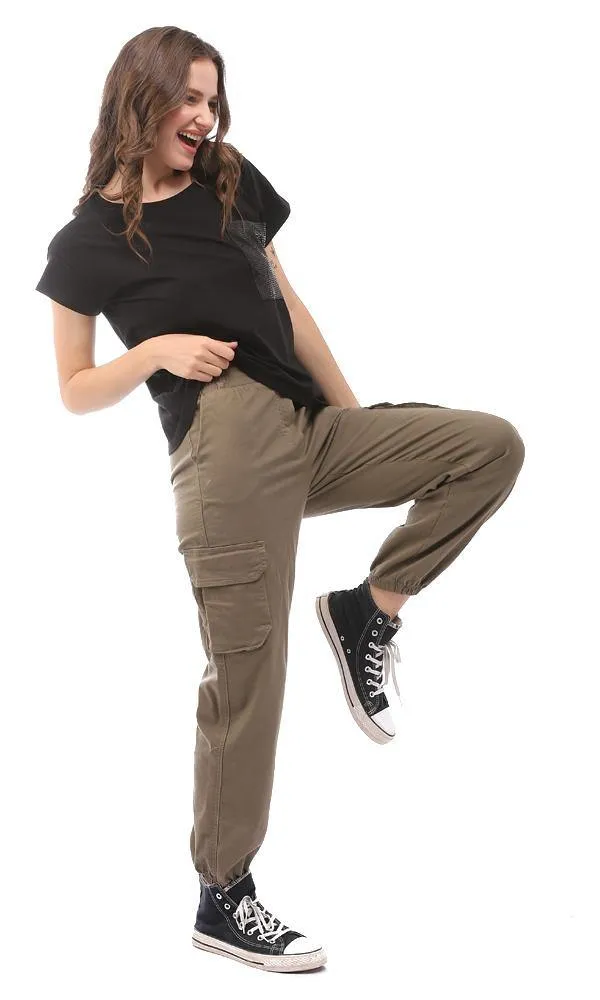 94764 Plain Black T-Shirt With Side Sequins Pockets