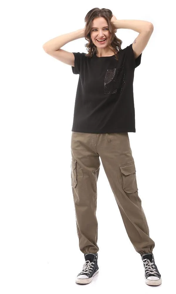 94764 Plain Black T-Shirt With Side Sequins Pockets