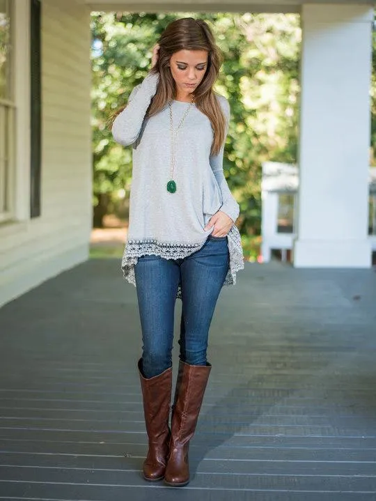 Asymmetric Jersey Top With Crochet Lace Hem