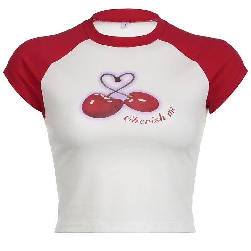 BerryBetty - Cherry pattern patchwork contrast cap sleeve crewneck crop top