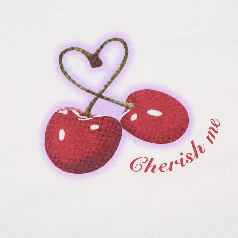 BerryBetty - Cherry pattern patchwork contrast cap sleeve crewneck crop top
