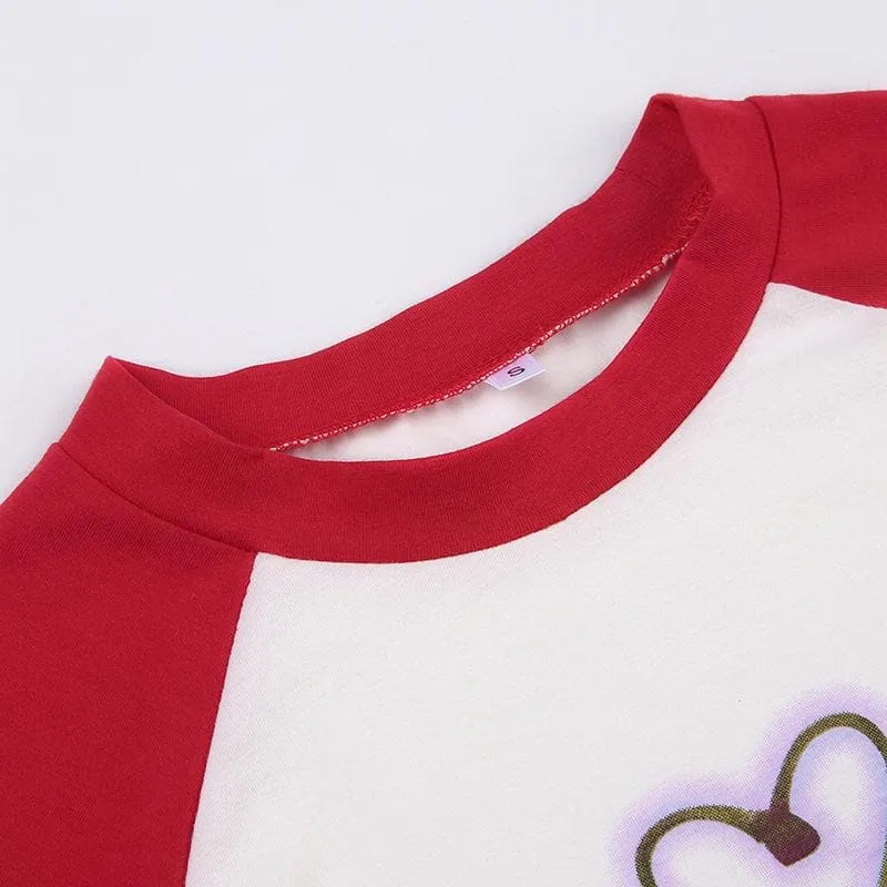 BerryBetty - Cherry pattern patchwork contrast cap sleeve crewneck crop top