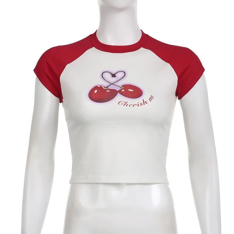 BerryBetty - Cherry pattern patchwork contrast cap sleeve crewneck crop top