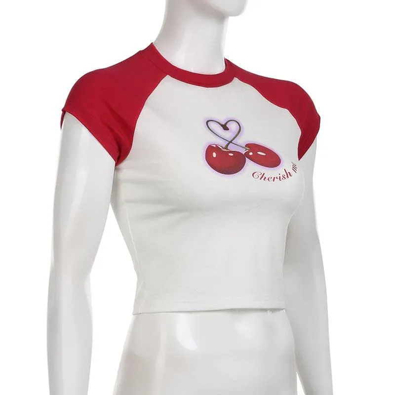 BerryBetty - Cherry pattern patchwork contrast cap sleeve crewneck crop top