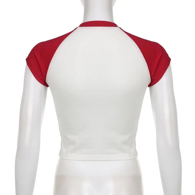 BerryBetty - Cherry pattern patchwork contrast cap sleeve crewneck crop top