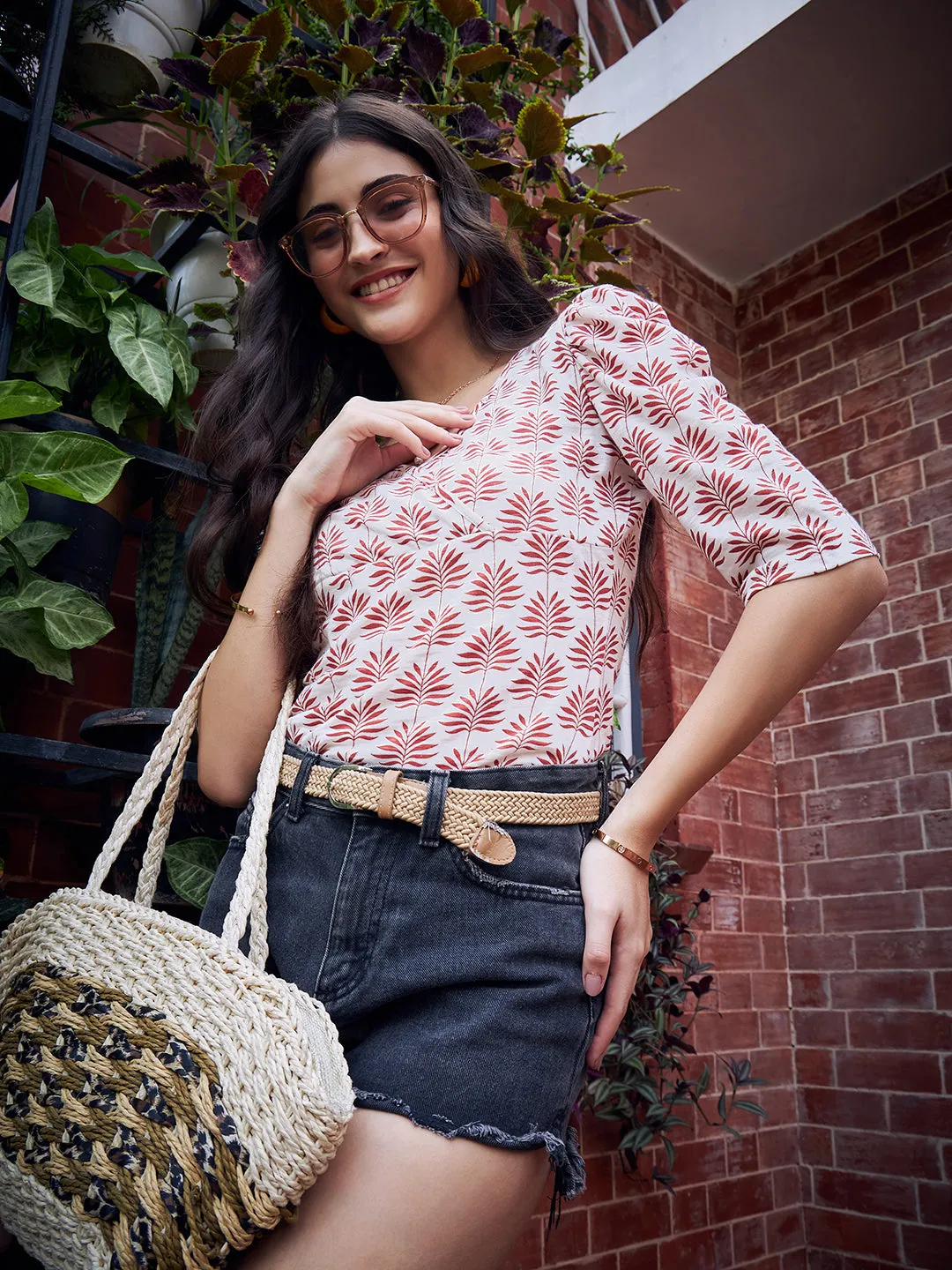 Berrylush Women White & Red Leaf Printed V-Neck Cotton Pleated Regular Wrap Top