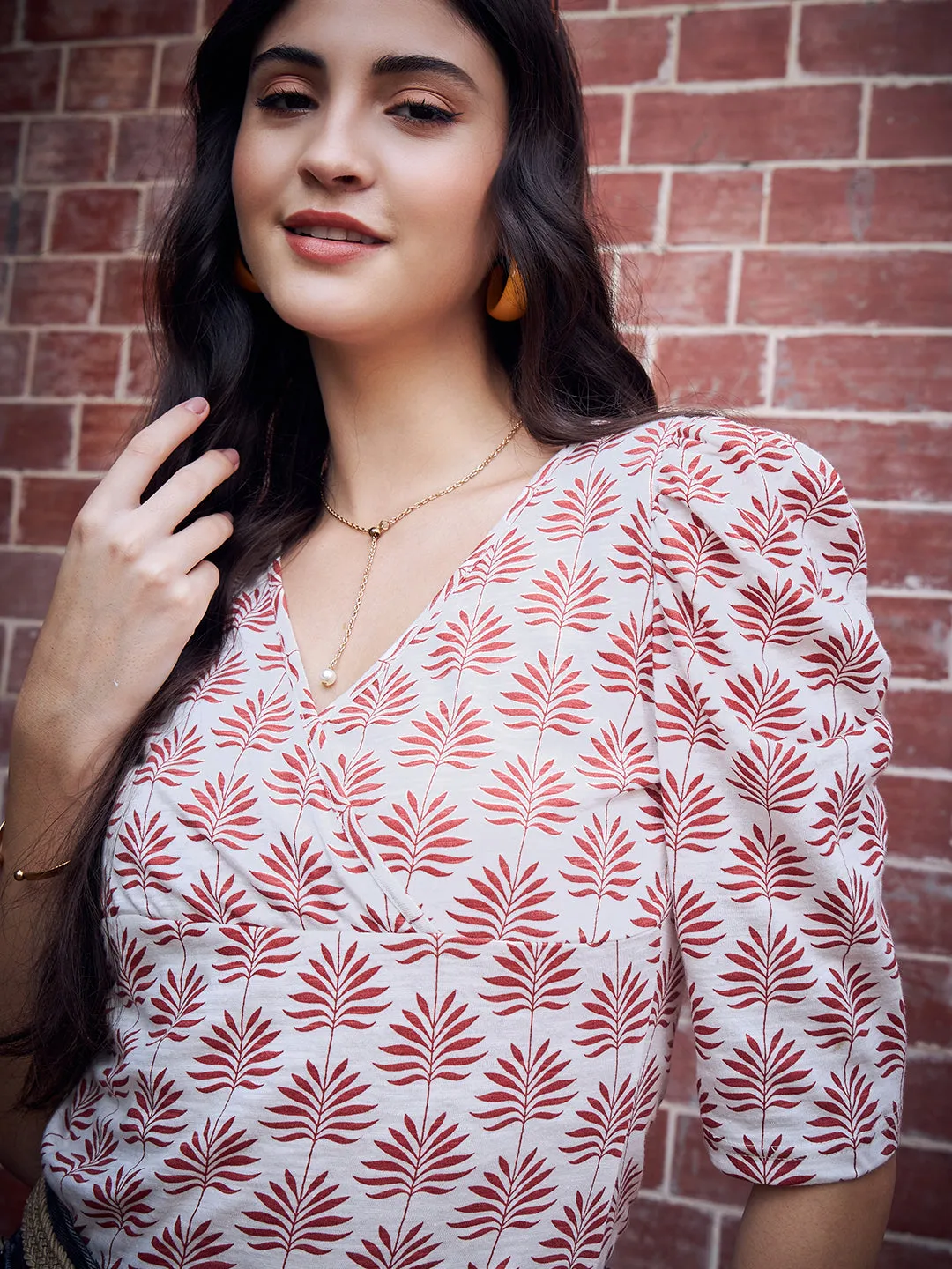 Berrylush Women White & Red Leaf Printed V-Neck Cotton Pleated Regular Wrap Top