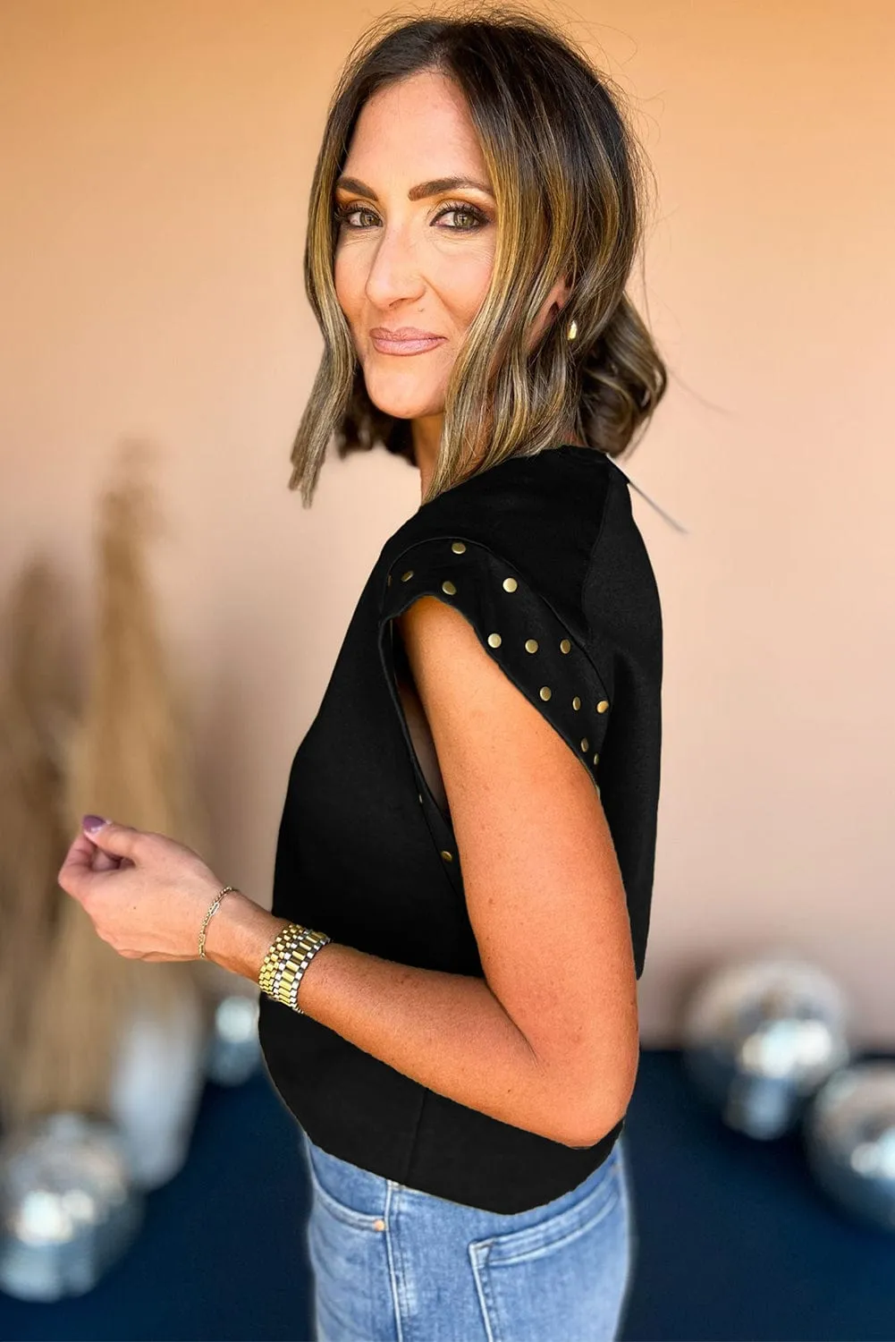 Black T-Shirt with Gold-Tone Studs