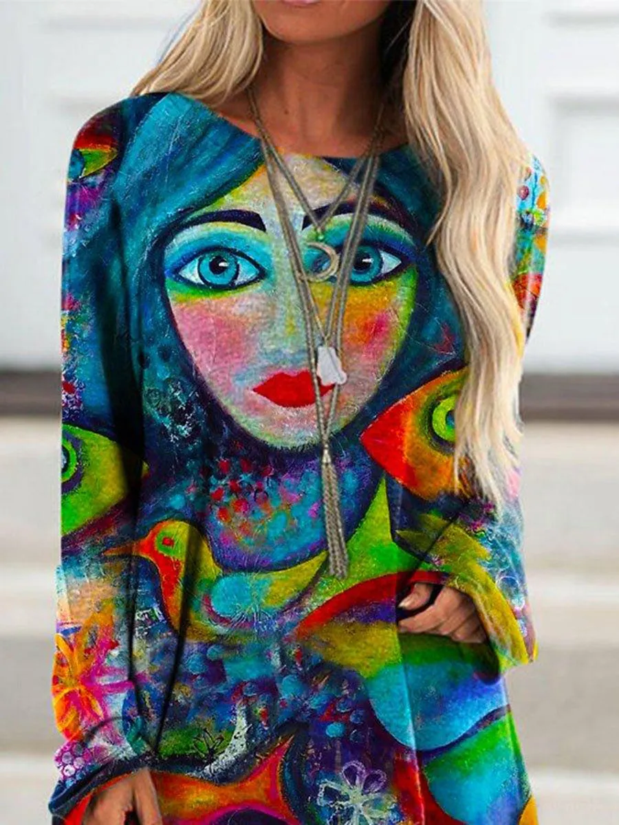 Casual Face Birds Artistic Print Tops for Women