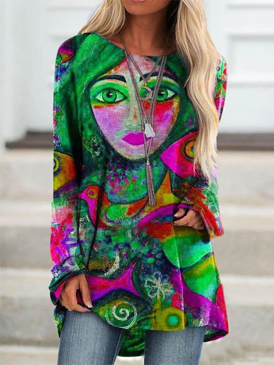 Casual Face Birds Artistic Print Tops for Women