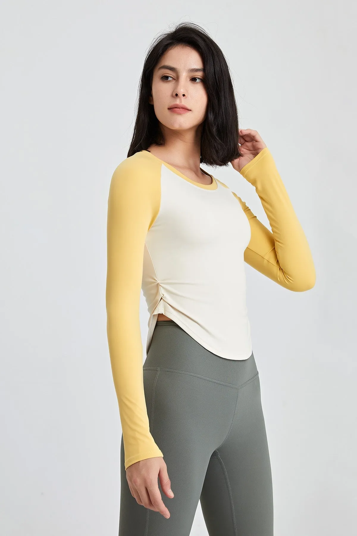 Color-Block Long Sleeve Jersey Crop Top