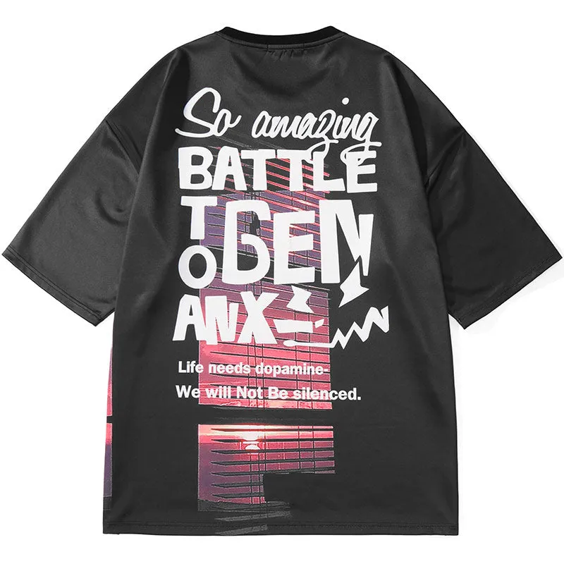Color Block Sunset Letter Print Drop-Shoulder Sleeve T-Shirt