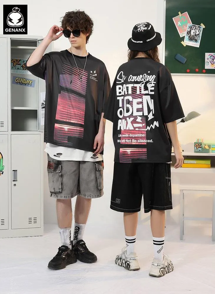 Color Block Sunset Letter Print Drop-Shoulder Sleeve T-Shirt