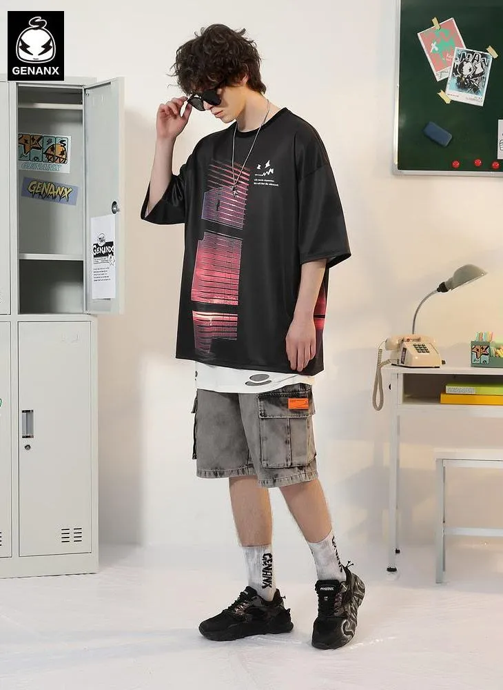 Color Block Sunset Letter Print Drop-Shoulder Sleeve T-Shirt