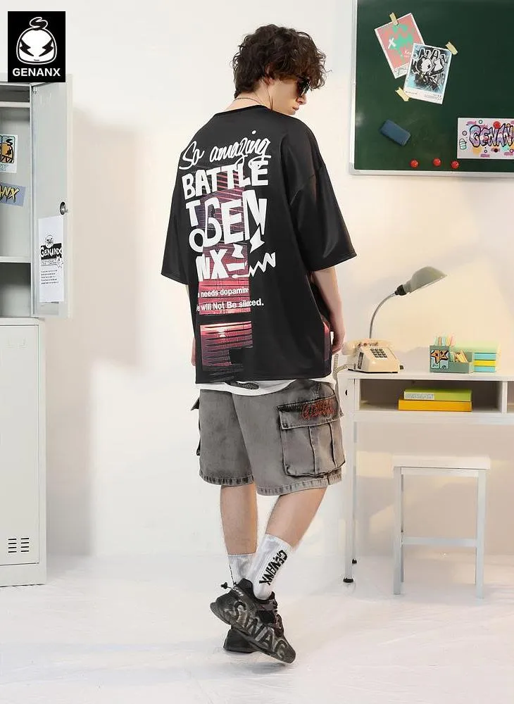 Color Block Sunset Letter Print Drop-Shoulder Sleeve T-Shirt