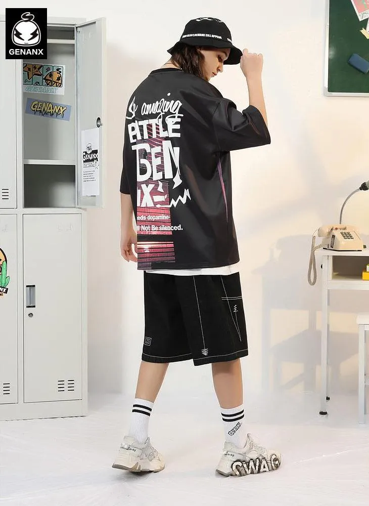 Color Block Sunset Letter Print Drop-Shoulder Sleeve T-Shirt