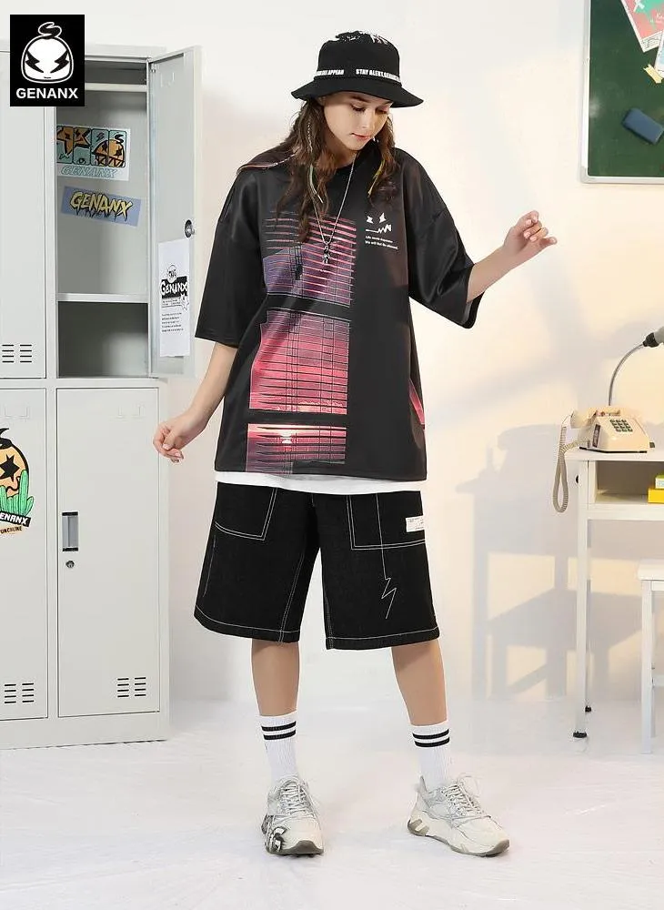 Color Block Sunset Letter Print Drop-Shoulder Sleeve T-Shirt