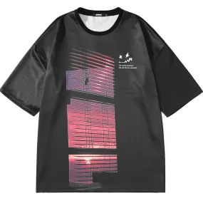 Color Block Sunset Letter Print Drop-Shoulder Sleeve T-Shirt