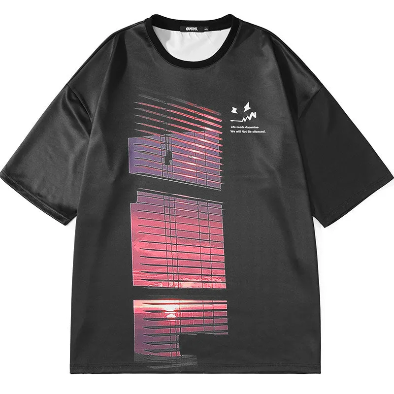 Color Block Sunset Letter Print Drop-Shoulder Sleeve T-Shirt