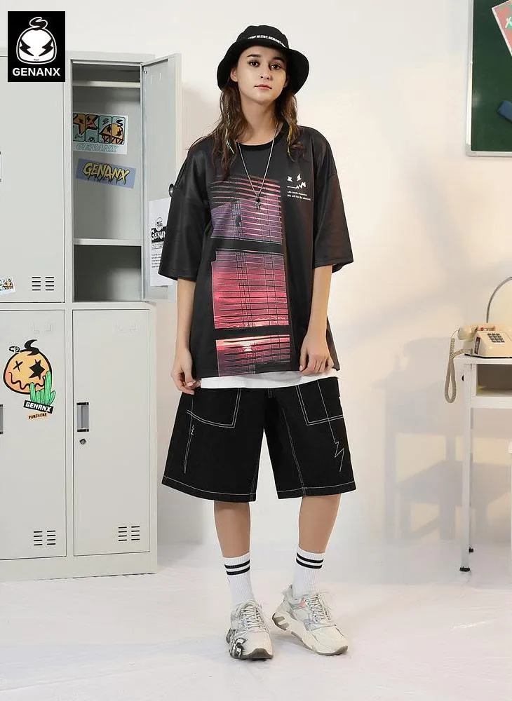 Color Block Sunset Letter Print Drop-Shoulder Sleeve T-Shirt