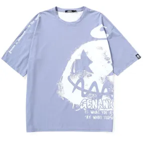 Contrast Color Cartoon Letter Print Split Round Neck T-Shirt
