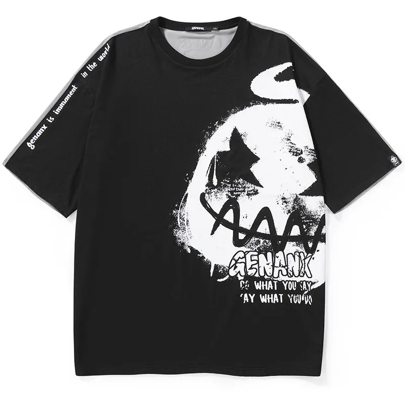 Contrast Color Cartoon Letter Print Split Round Neck T-Shirt
