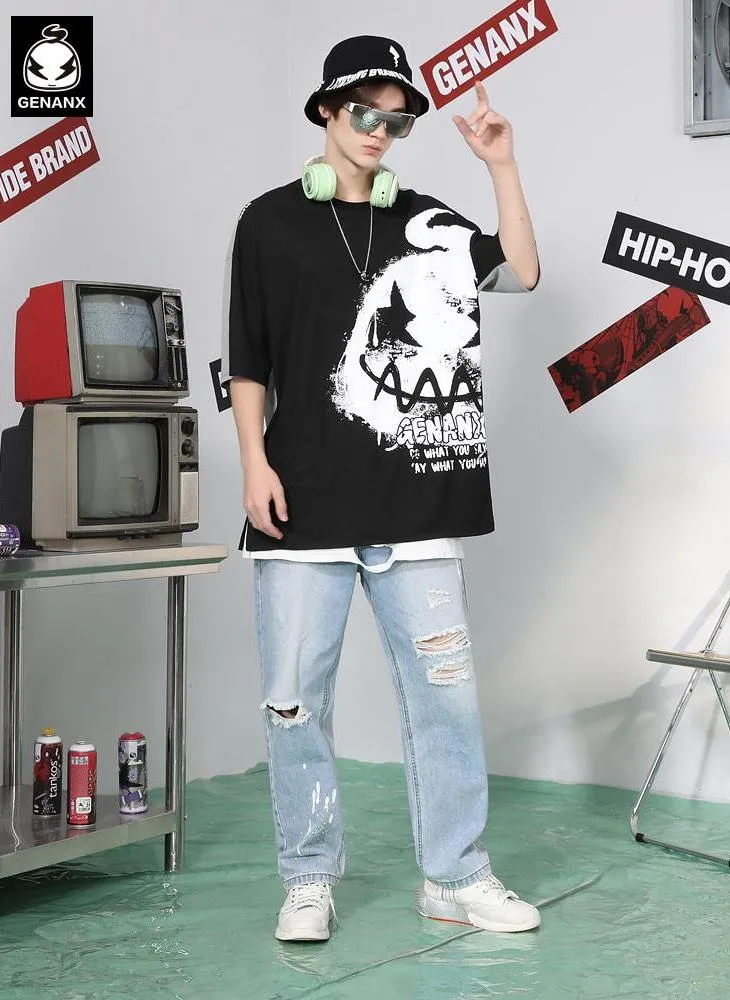 Contrast Color Cartoon Letter Print Split Round Neck T-Shirt
