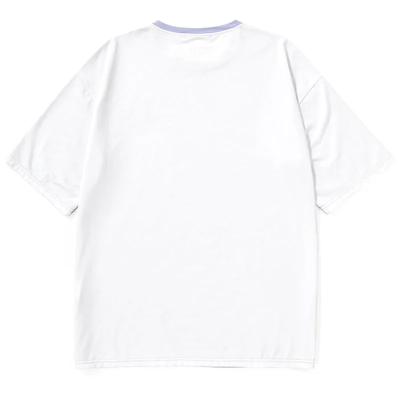 Contrast Color Cartoon Letter Print Split Round Neck T-Shirt