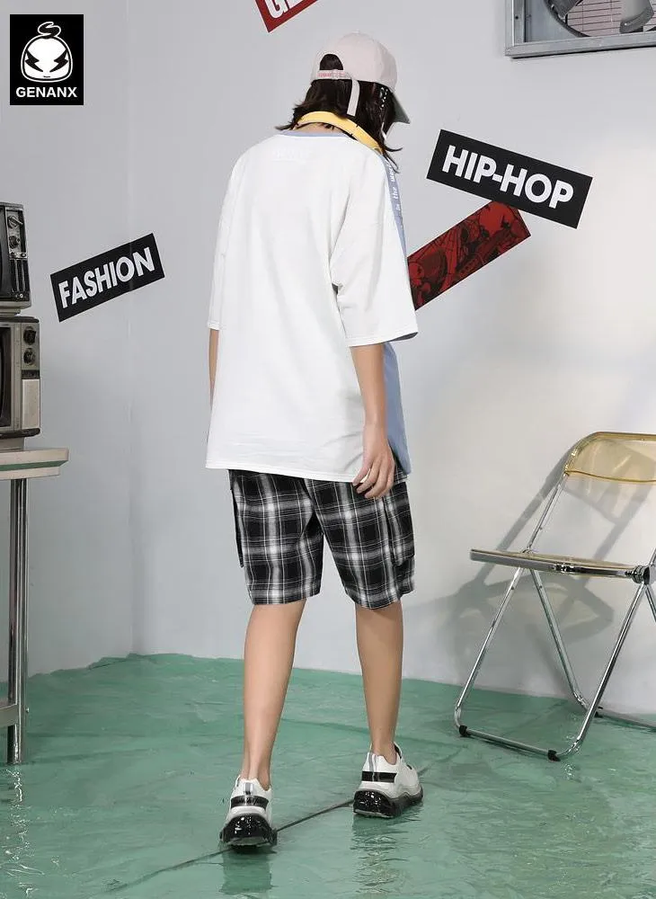 Contrast Color Cartoon Letter Print Split Round Neck T-Shirt