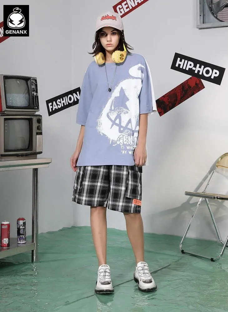Contrast Color Cartoon Letter Print Split Round Neck T-Shirt