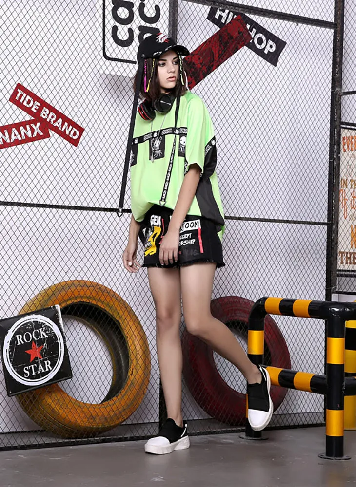 Contrast Color Cartoon Print Ribbon Half Sleeve T-Shirt