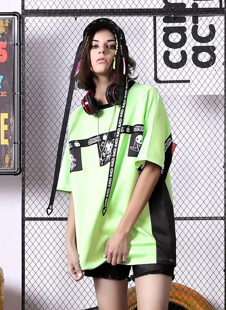 Contrast Color Cartoon Print Ribbon Half Sleeve T-Shirt