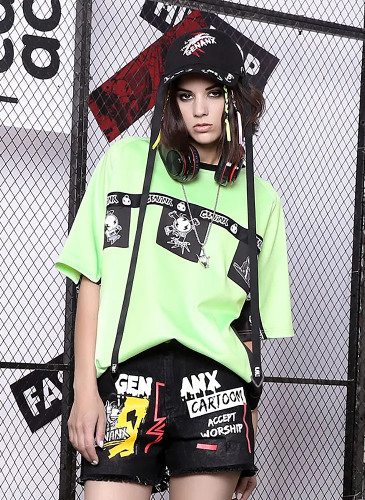 Contrast Color Cartoon Print Ribbon Half Sleeve T-Shirt