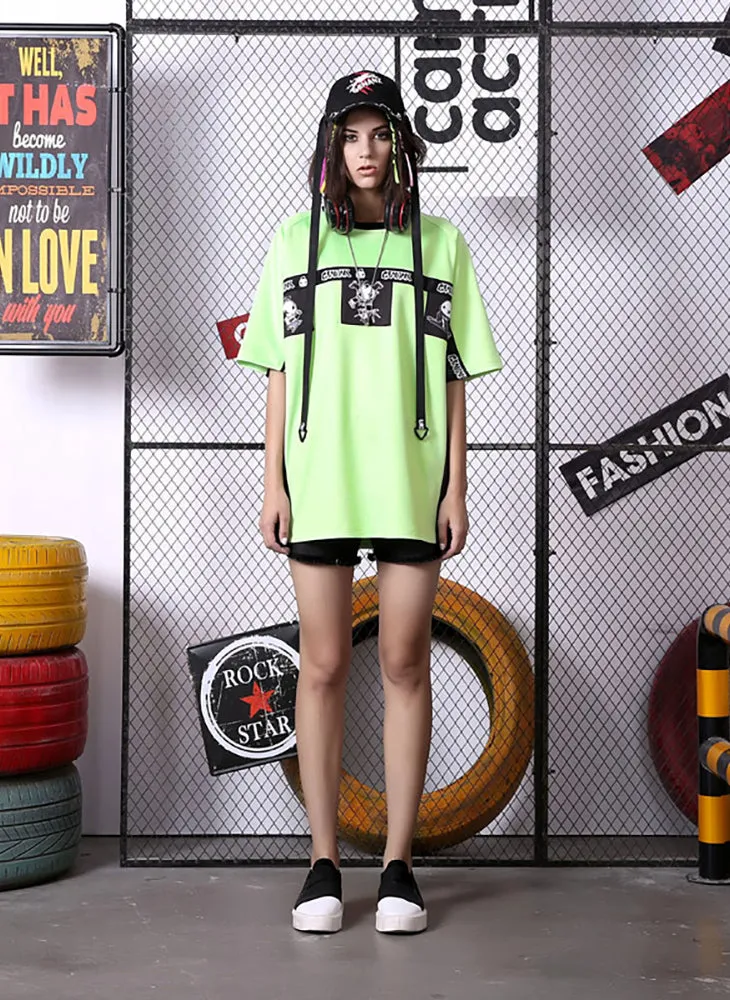 Contrast Color Cartoon Print Ribbon Half Sleeve T-Shirt