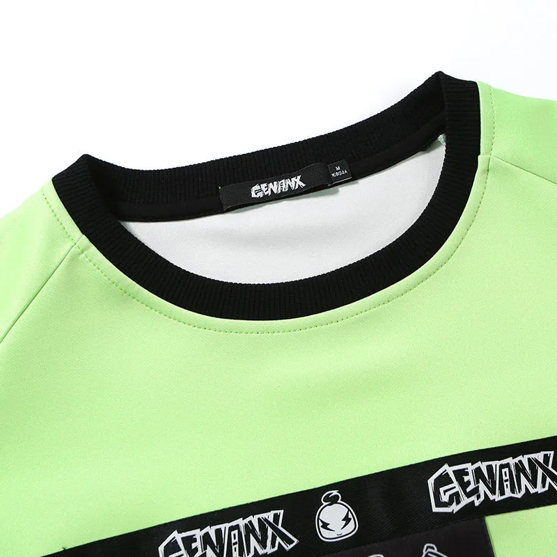 Contrast Color Cartoon Print Ribbon Half Sleeve T-Shirt