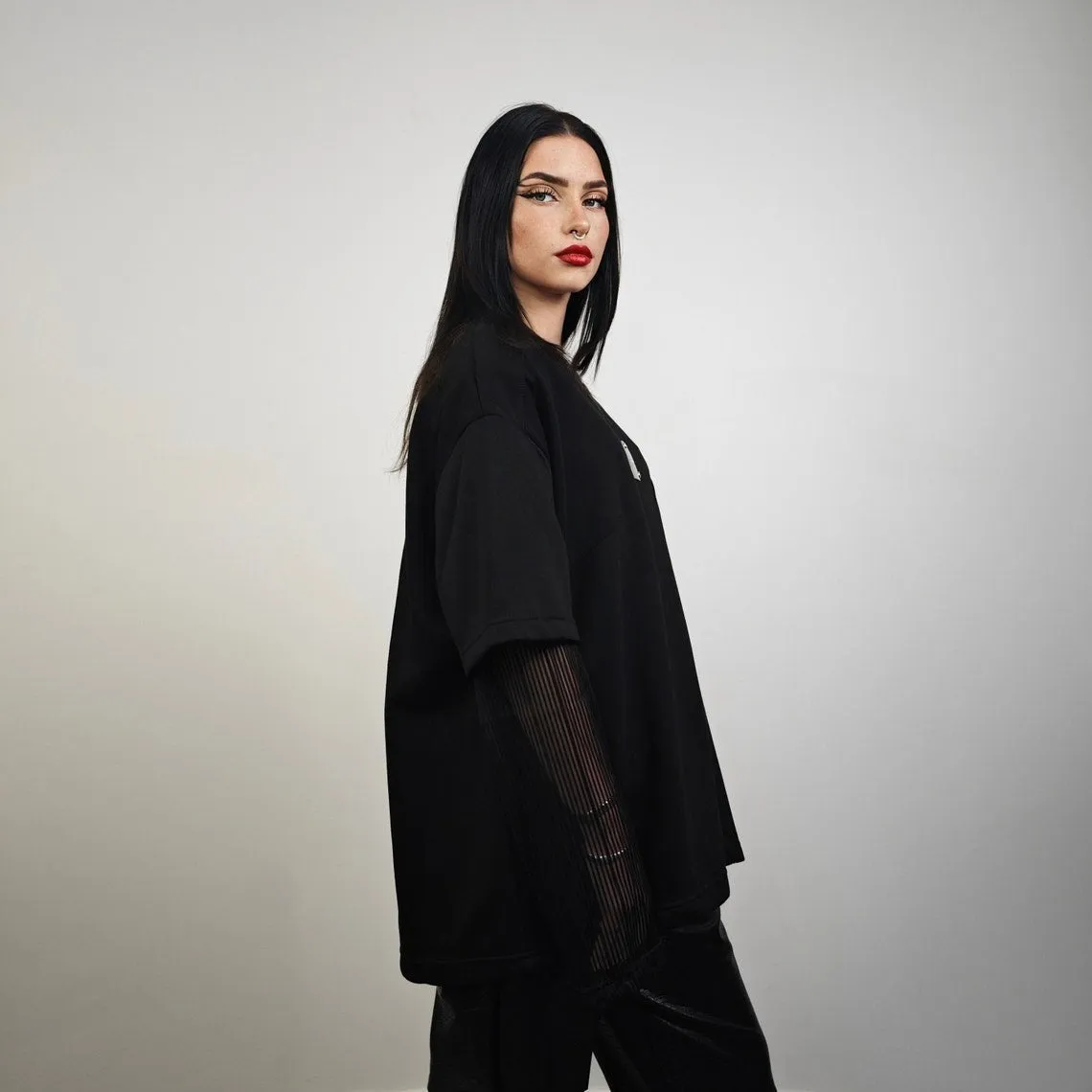 Contrast sleeves top black mesh gothic jumper metal patch blouse sheer rocker t-shirt shoulder padded tee edgy oversize grunge punk pullover