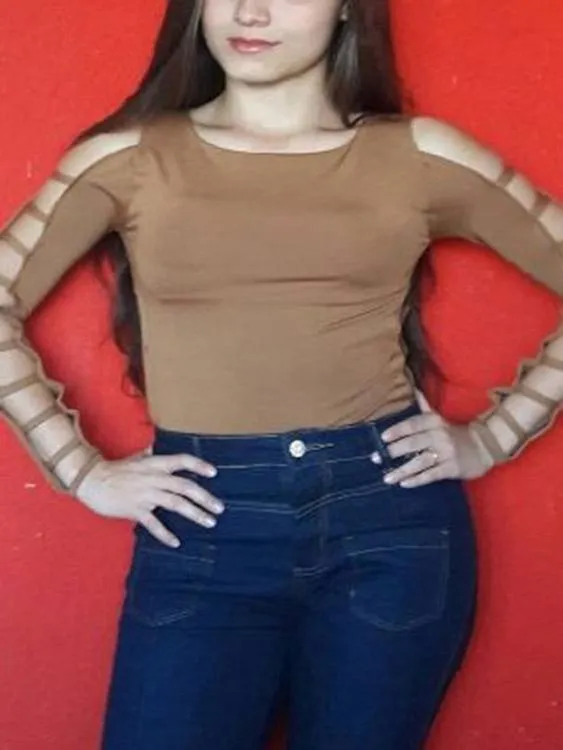 Custom Round Neck Cut Out Long Sleeve Brown T-Shirts