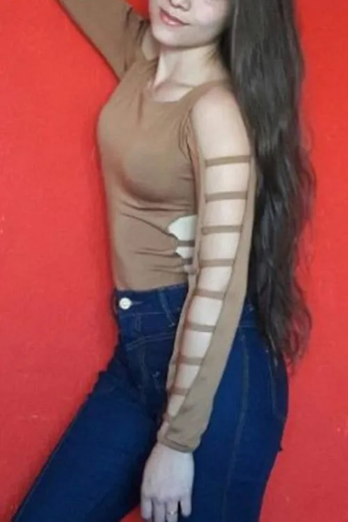 Custom Round Neck Cut Out Long Sleeve Brown T-Shirts