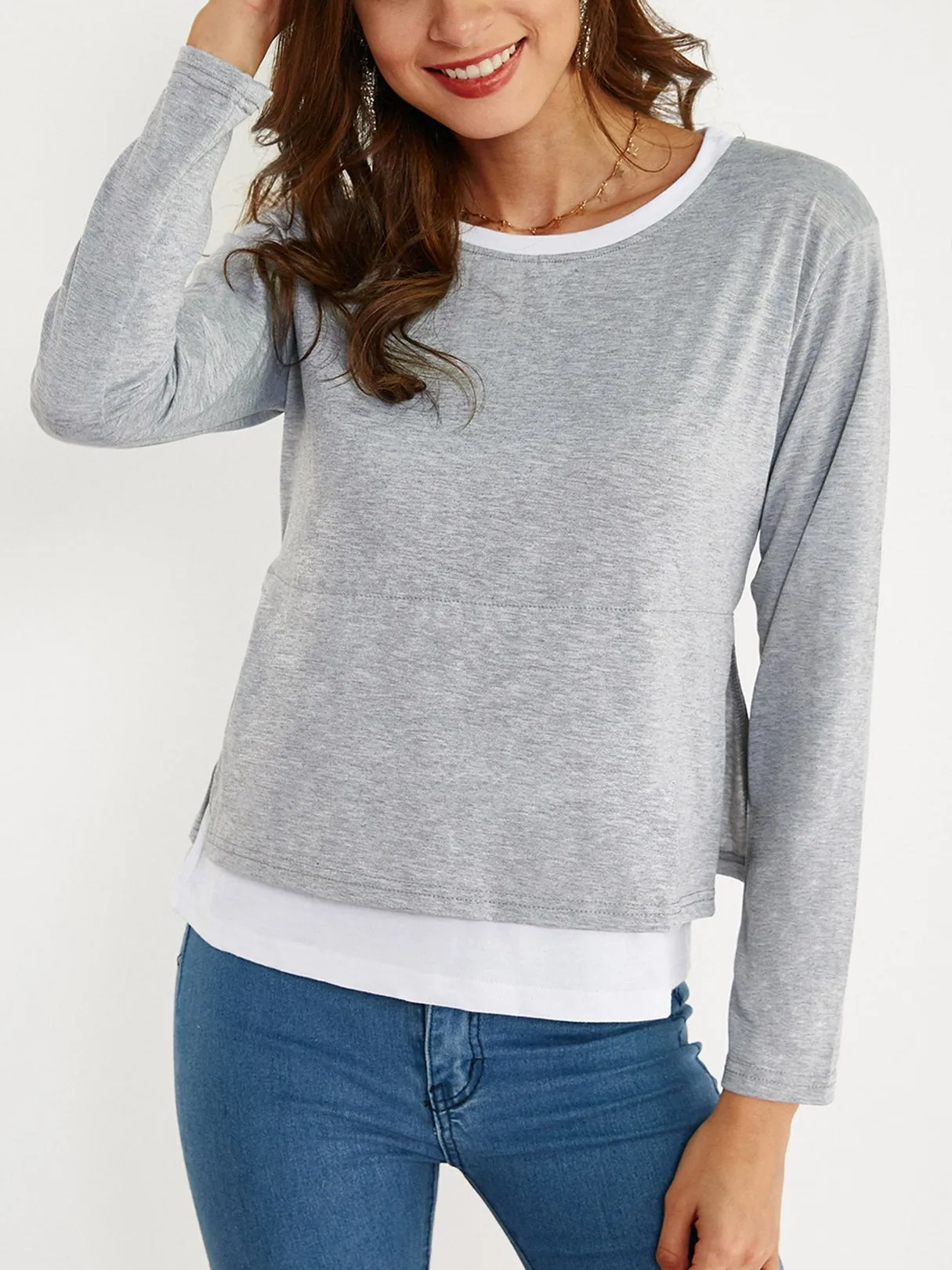 Custom Round Neck Long Sleeve Slit Hem T-Shirts