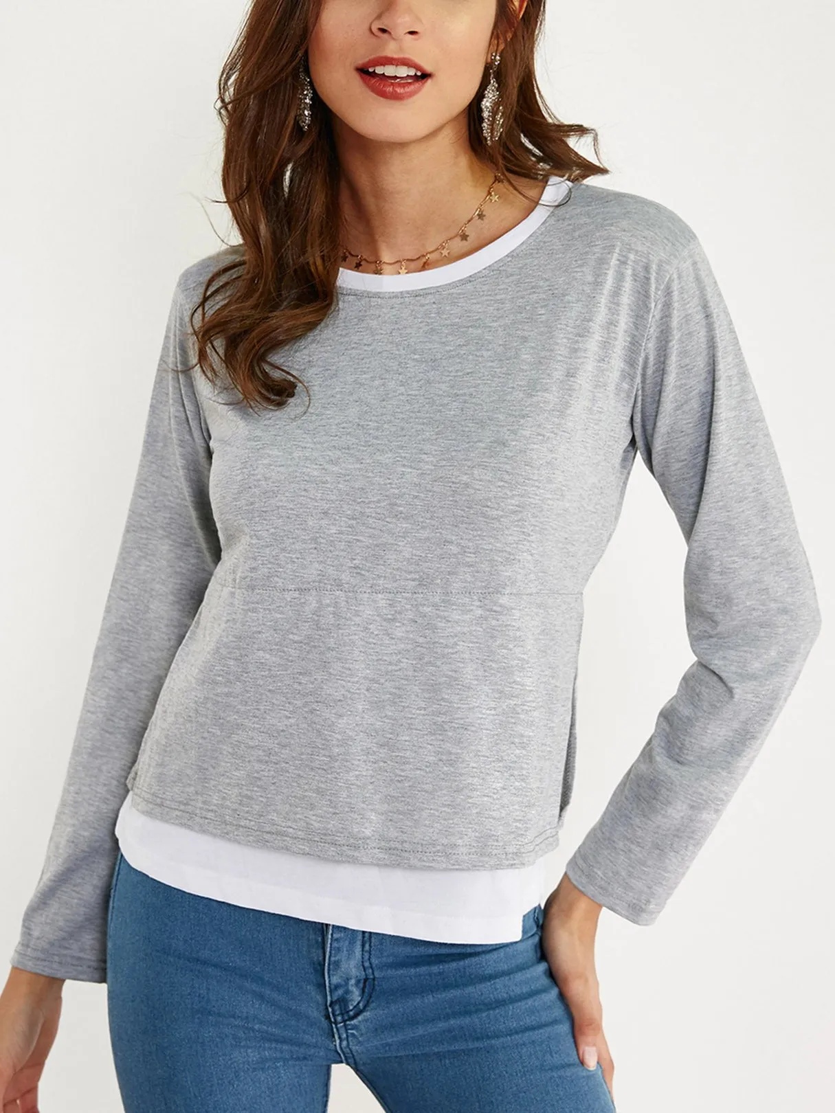Custom Round Neck Long Sleeve Slit Hem T-Shirts