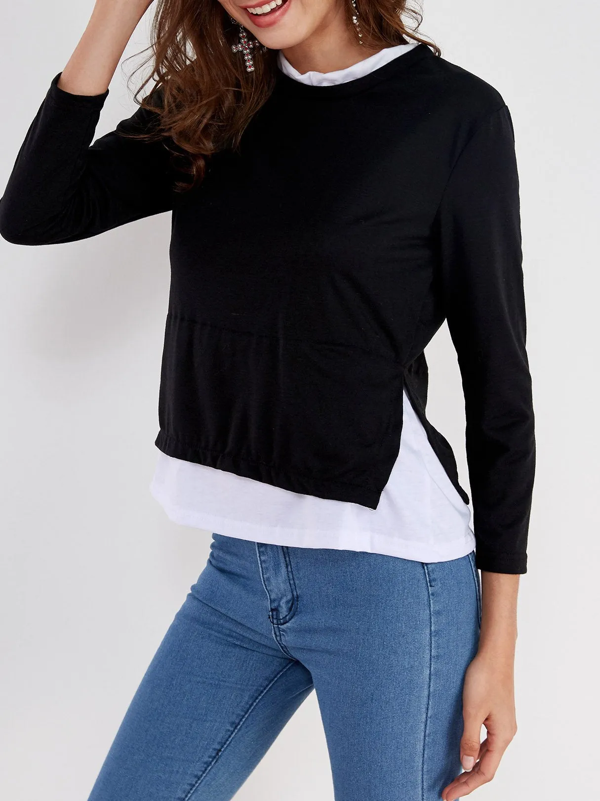 Custom Round Neck Long Sleeve Slit Hem T-Shirts