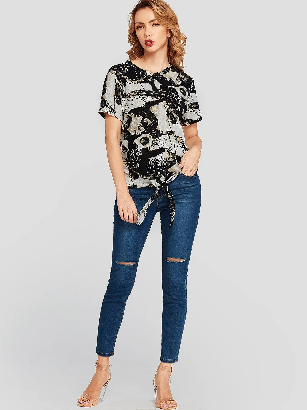 Custom Round Neck Printed Self-Tie Short Sleeve Black T-Shirts