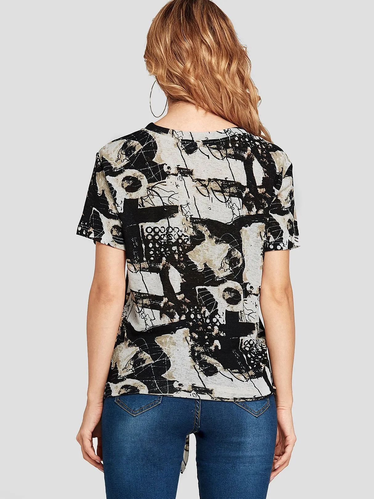 Custom Round Neck Printed Self-Tie Short Sleeve Black T-Shirts