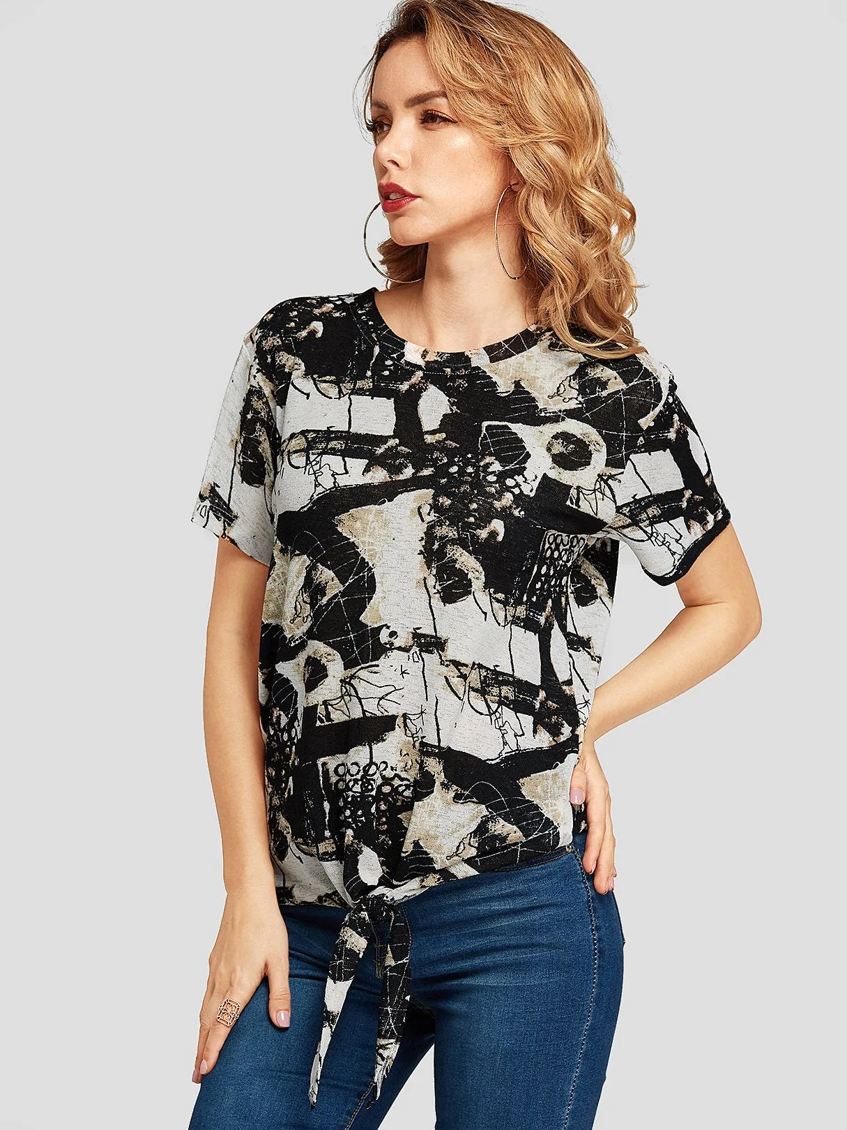 Custom Round Neck Printed Self-Tie Short Sleeve Black T-Shirts